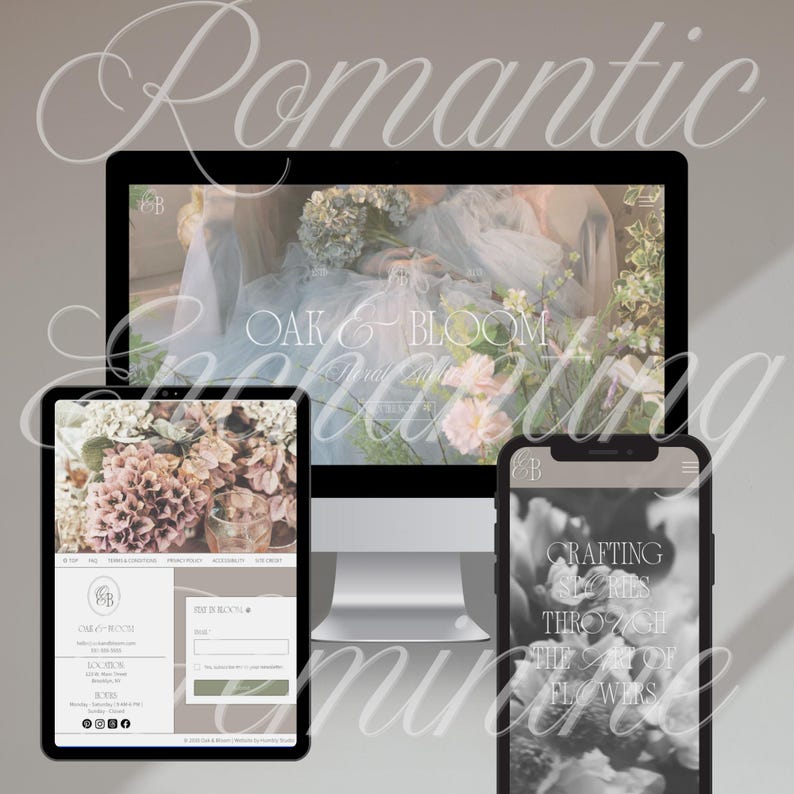 May include: A digital display setup featuring a desktop computer, tablet, and smartphone, showcasing a floral design website. The website's name is "Oak & Bloom Floral Design." The smartphone displays the text "Crafting Stories Through The Art of Flowers."