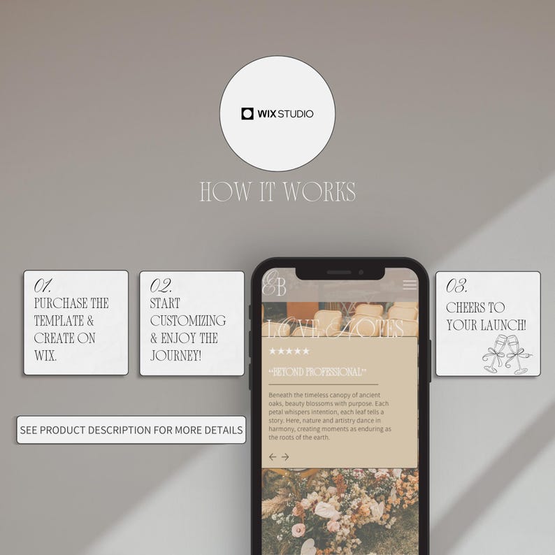 May include: A smartphone displays a website with floral imagery and the text "LOVE & NOTES." The image includes the Wix Studio logo, steps for website creation, and the phrase "How It Works."