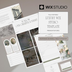 May include: A website template design with a neutral color palette. The design includes sections for a creative journey, a contact form, and a gallery of images. Text on the design includes "Luxury Wix Studio Template" and "Responsive on Mobile, Tablet & Desktop."