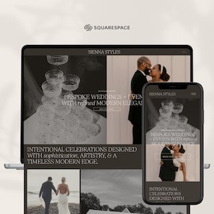 Può includere: Un laptop e uno smartphone mostrano un sito web per "Sienna Styles", che presenta servizi per matrimoni. Il sito web presenta immagini di coppie, il testo "Bespoke Weddings + Events" e il motto "Intentional Celebrations Designed with sophistication, artistry, & a timeless modern edge."
