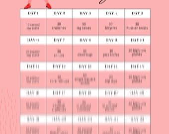 May include: A pink and white illustrated chart with the text "30 DAY Core challenge". The chart is divided into five columns, each labeled with a day number and a core exercise. The exercises include low plank, crunches, leg raises, bicycles, and Russian twists.
