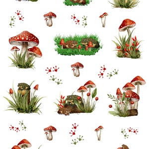May include: A watercolor illustration of red and white mushrooms with green toadstools and green frogs. The illustration is on a white background.