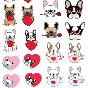 May include: A collection of 20 illustrations featuring French Bulldogs in various poses. Some dogs are holding hearts, some are wearing sunglasses, and some are in a cup. The illustrations are in black, white, and red.