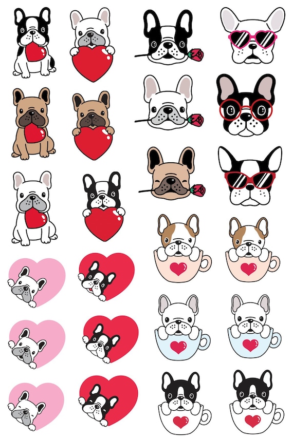 French Bulldog Valentine stickers, Frenchie sticker journal and planning French bulldog stickers