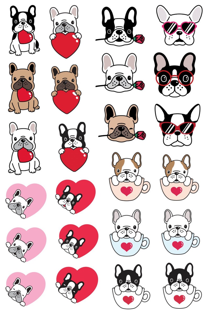 May include: A collection of 20 illustrations featuring French Bulldogs in various poses. Some dogs are holding hearts, some are wearing sunglasses, and some are in a cup. The illustrations are in black, white, and red.