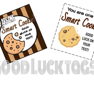Puede incluir: Dos etiquetas de regalo imprimibles con un diseño de galleta. Las etiquetas dicen "You are one Smart Cookie! Good luck on your test!"