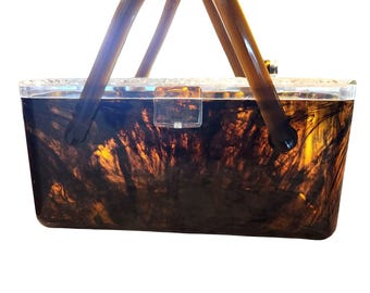 Vintage Braun, Schwarz, Schildkröte Lucite Amber Handtasche, Geldbörse, 23 x 13 x 10 cm