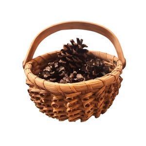 Puede incluir: Una cesta de mimbre con un asa de madera, llena de varias piñas marrones. La cesta está hecha de material tejido marrón claro y tiene forma redondeada. Las piñas son de color marrón oscuro y tienen una superficie texturizada. El asa es arqueada y de madera más clara.