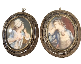 Antique Pair Of Lovers Oval Miniature Portraits Hand Painted and Signed