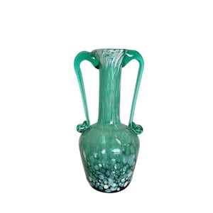 Vintage Hand Blown Teal,Aqua & White Spatter Swirl Glass bud Vase 6&quot;