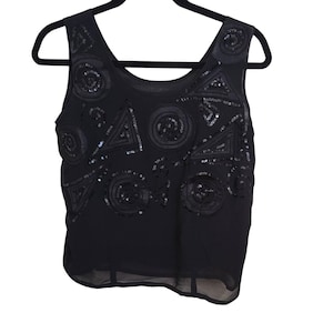 Vintage Black Sleeveless Sheer Sequin Embellished Tank Top With Geometric Patterns