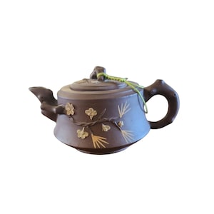 Vintage Chinese Yixing Zisha Clay Teapot With Bamboo & Floral Design Handcrafted Approx. 6 Inches Wide