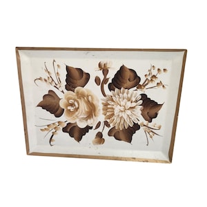 Hand-Painted Vintage Floral Tole Tray With Brown & Cream Flowers Rectangular Metal Wall Hanging Decor