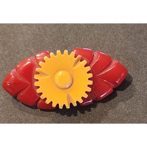 Vintage Art Deco Bakelite? Pin Brooch Red & Yellow Leaf Gear Design