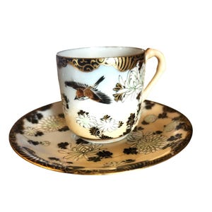 Antique Japanese Porcelain Tea Cup  Saucer With Bird & Chrysanthemum Design Gold Accents