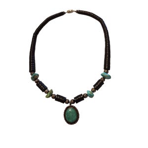 Vintage Navajo? Turquoise & Black Beaded Necklace With Signed Pendant 16.5&quot; L