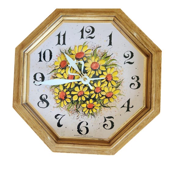 Vintage Spartus Octagonal Wall Clock With Sunflower Design Made In USA Wooden Frame Electric-Powered