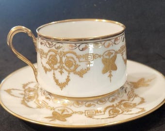Late 1800's Victorian Hand Painted, Gold Trim Bone China, Tea Cup and Saucer