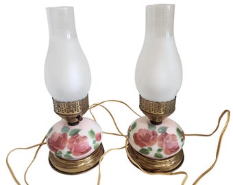 Vintage Floral Glass Hurricane Lamps With Hand-Painted Roses & Frosted Chimneys - Pair - Brass Base - Electric - 14 Inches Tall