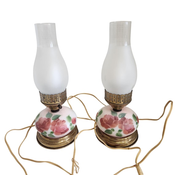 Vintage Floral Glass Hurricane Lamps With Hand-Painted Roses & Frosted Chimneys - Pair - Brass Base - Electric - 14 Inches Tall