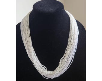 Vintage Multi-Strand White Glass Bead Necklace With Gold-Tone Floral Clasp