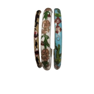 Vintage Cloisonné Enamel Floral Bangle Bracelets Set Of 3