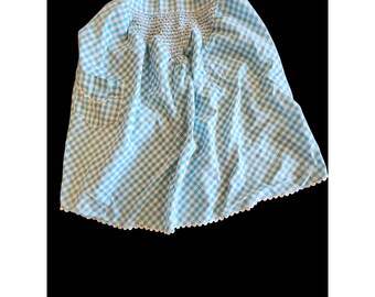 Blue & White Gingham Pattern Smocked Apron With Pocket