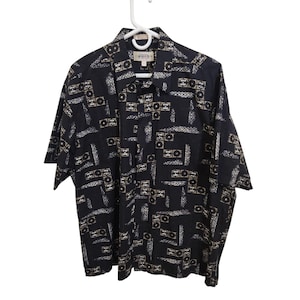 Vintage Campa Moda Mens Black Geometric Short-Sleeve Button-Up Hawaiian Shirt XL