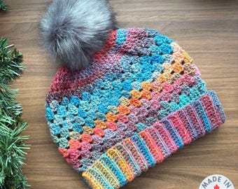 Crochet Granny Stitch Toque, Women's Beanie, Colourful Winter Beanie, Classic Snug Fit, Removable Faux Fur Pompom, Handmade in Canada