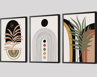 Boho Abstract Wall Art Prints, Boho Wall Decor, Set of 3 Prints, Scandi Wall Art, Mid Century Print, Black, Beige, Green, Orange, Terracotta