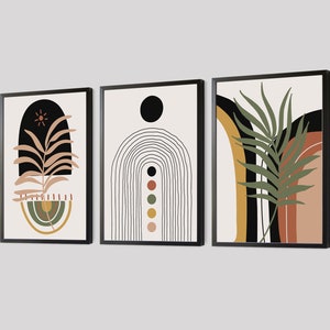 Boho Abstract Wall Art Prints, Boho Wall Decor, Set of 3 Prints, Scandi Wall Art, Mid Century Print, Black, Beige, Green, Orange, Terracotta