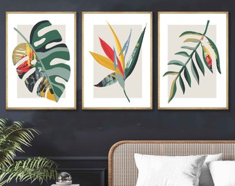 Boho Botanical Wall Art Prints, Boho Wall Decor, Set of 3 Prints, Tropical, Floral ,Wall Art, Mid Century Print, Green, Beige, Yellow, SET 1