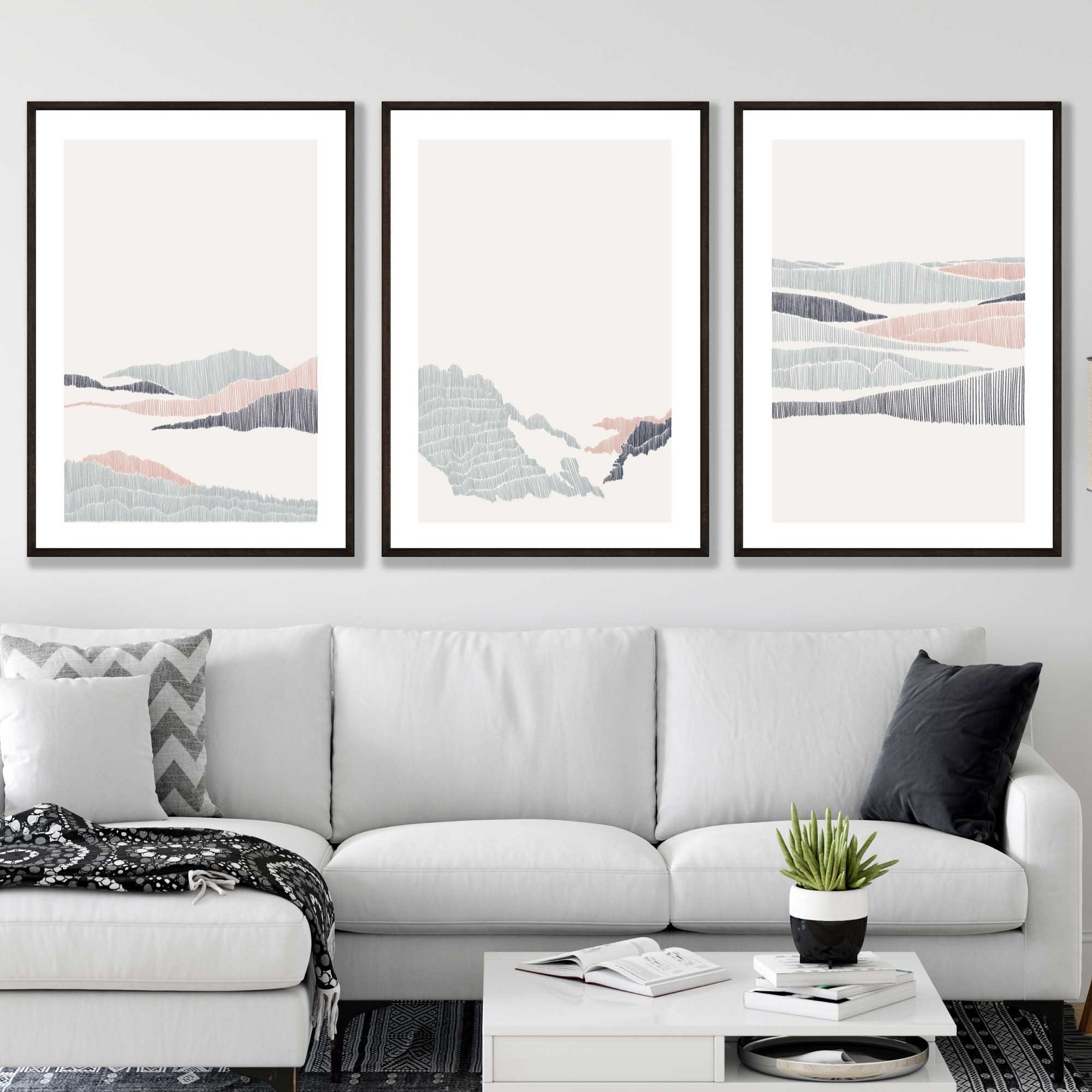 Abstract Minimal Navy Blue and Blush Pink Line Art Mountains Set Wall ...
