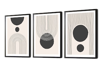 Black and Beige Abstract Circle Line Art Set of 3, Black,Beige, Minimal Contemporary Print, Wall Art, Poster, Gallery Wall Art, Home Decor