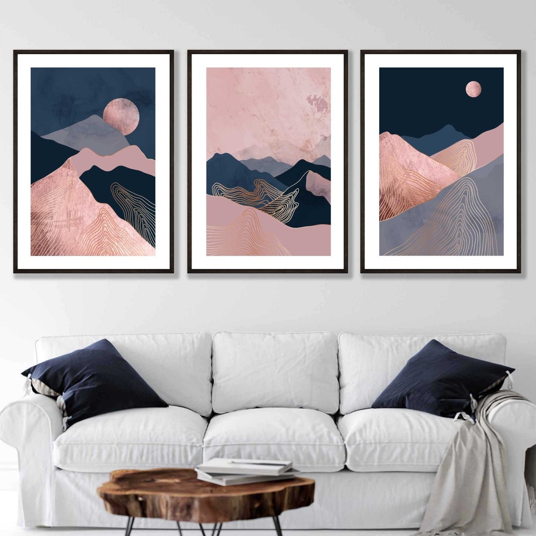 Set of 3 Abstract Modern Navy Blue and Blush Pink Mountains Scene Wall ...