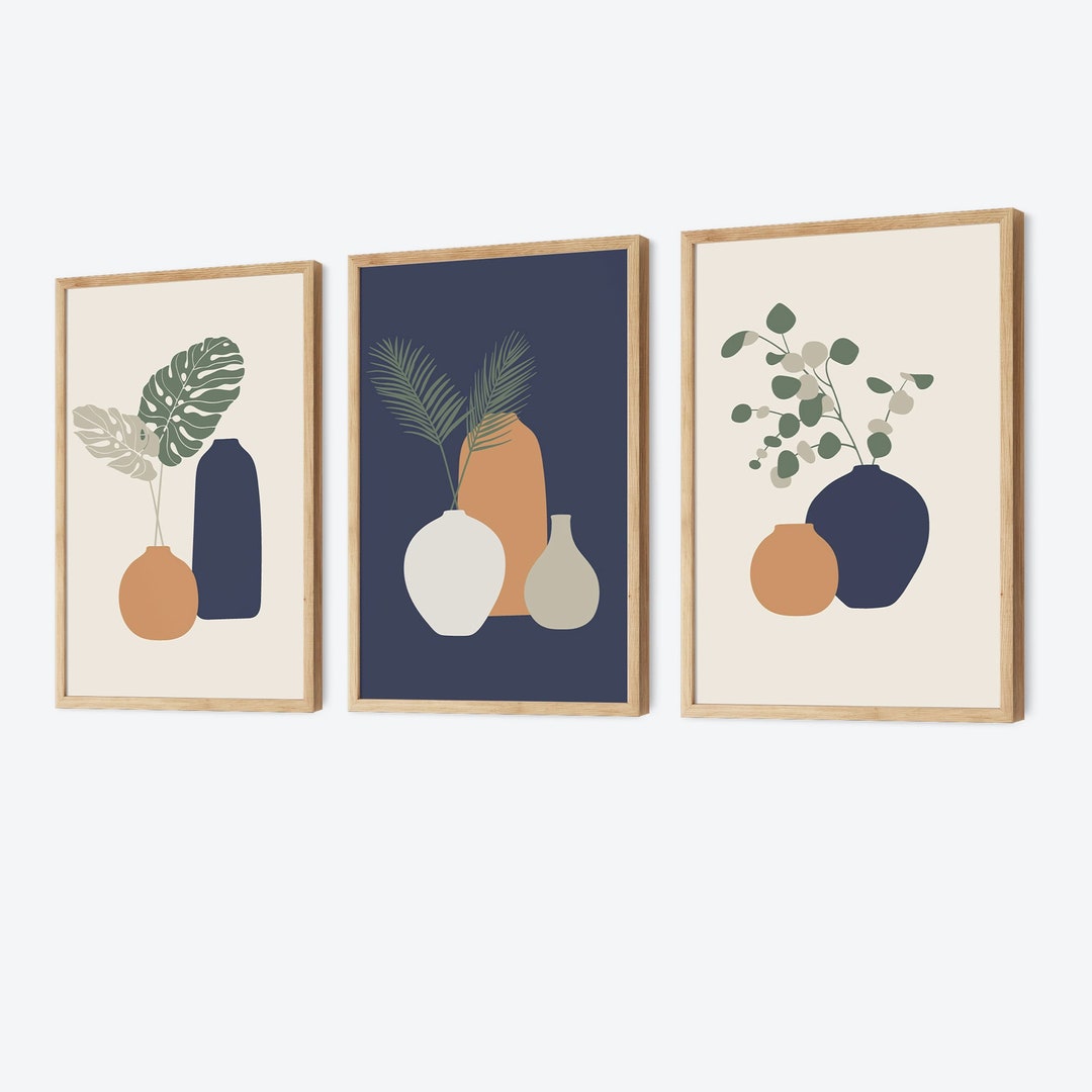 Abstract Boho Art Prints, Set of 3 Prints, Green Navy Blue Orange ...