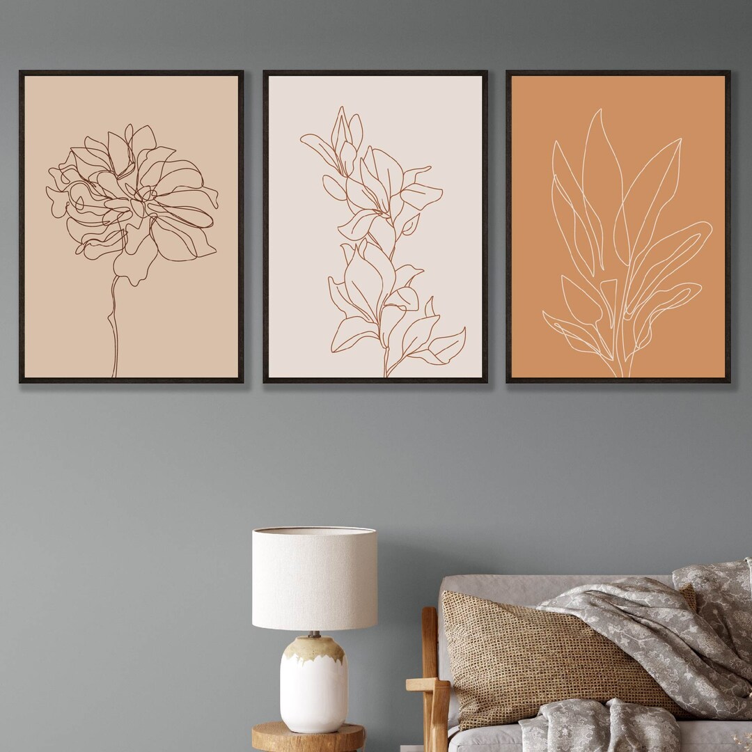 Minimal Orange, Beige Botanical Flowers Line Art Floral Set of 3 Wall ...