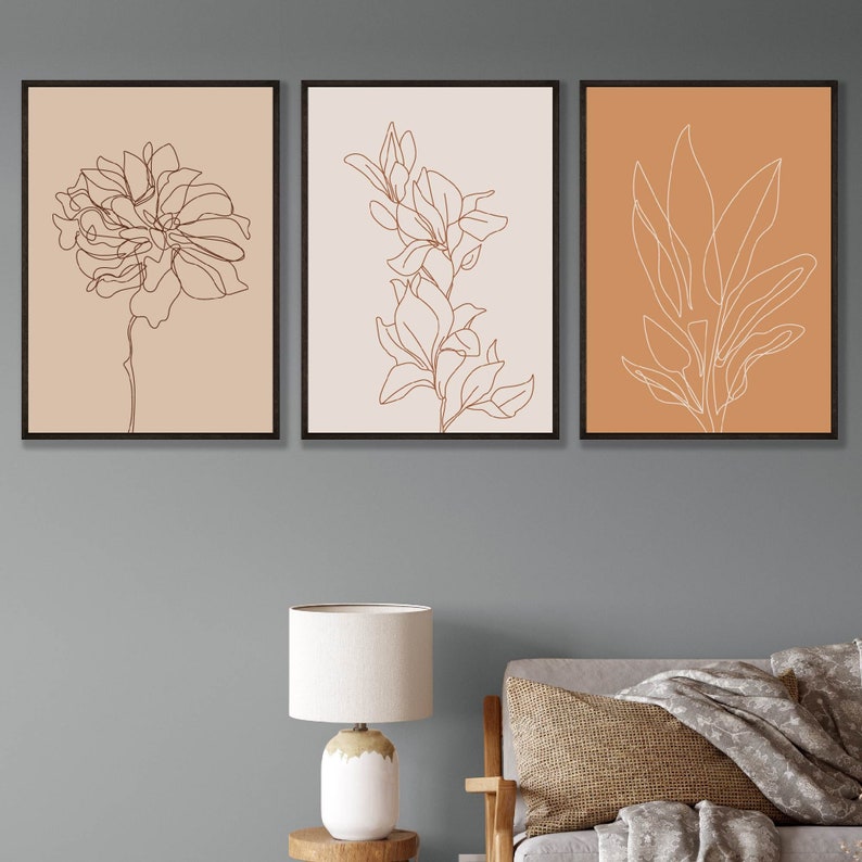 Minimal Orange, Beige Botanical Flowers Line Art Floral Set of 3 Wall ...