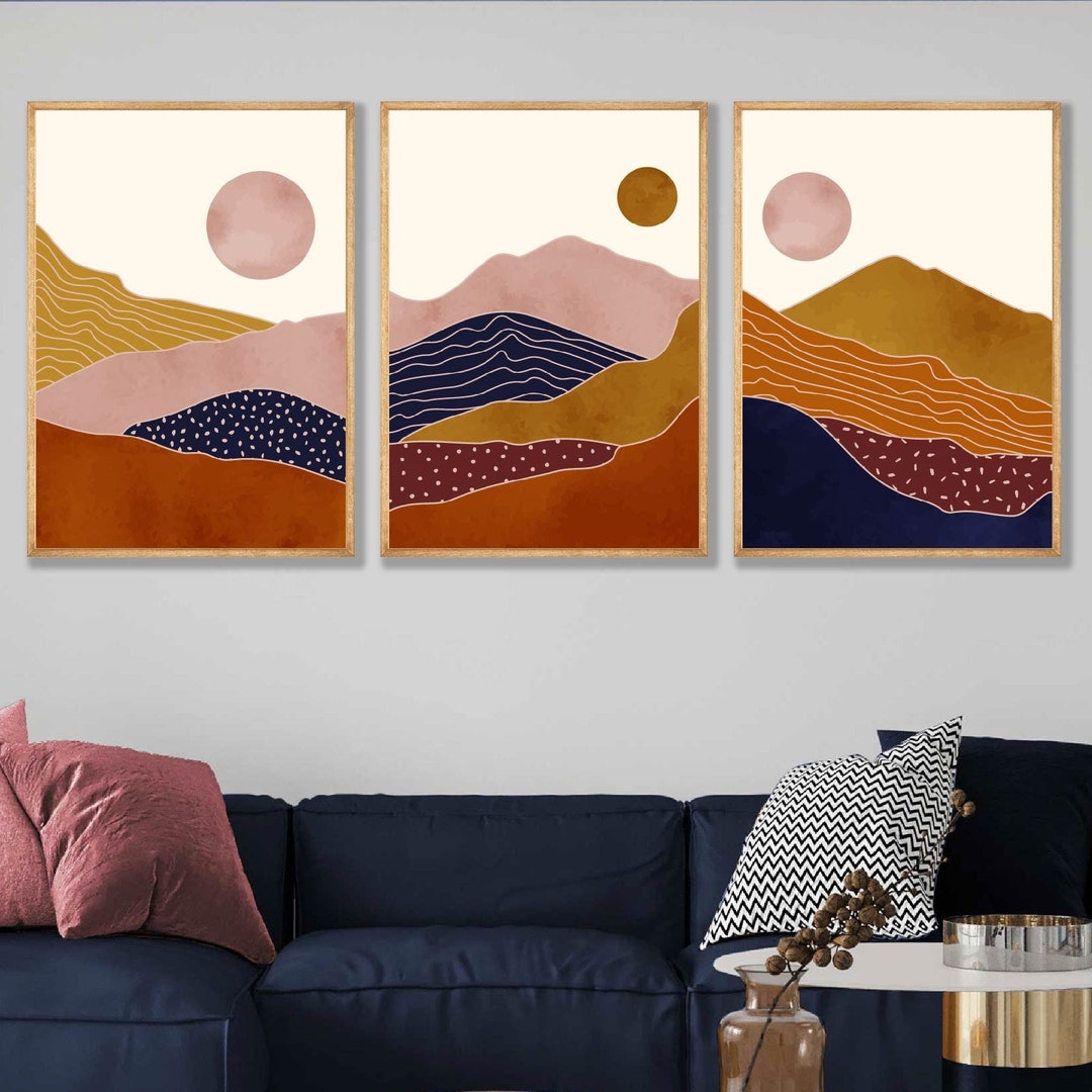 Set of 3 Abstract Mid Century Modern Pink and Orange, Blue Mountains ...