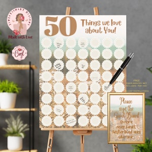 50 Things we Love About You Signing Board Beige Gold 50th Birthday Sign Write In Message Guest Banner Poster Boho EDITABLE Digital Download