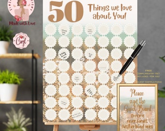 50 Things we Love About You Signing Board Beige Gold 50th Birthday Sign Write In Message Guest Banner Poster Boho EDITABLE Digital Download