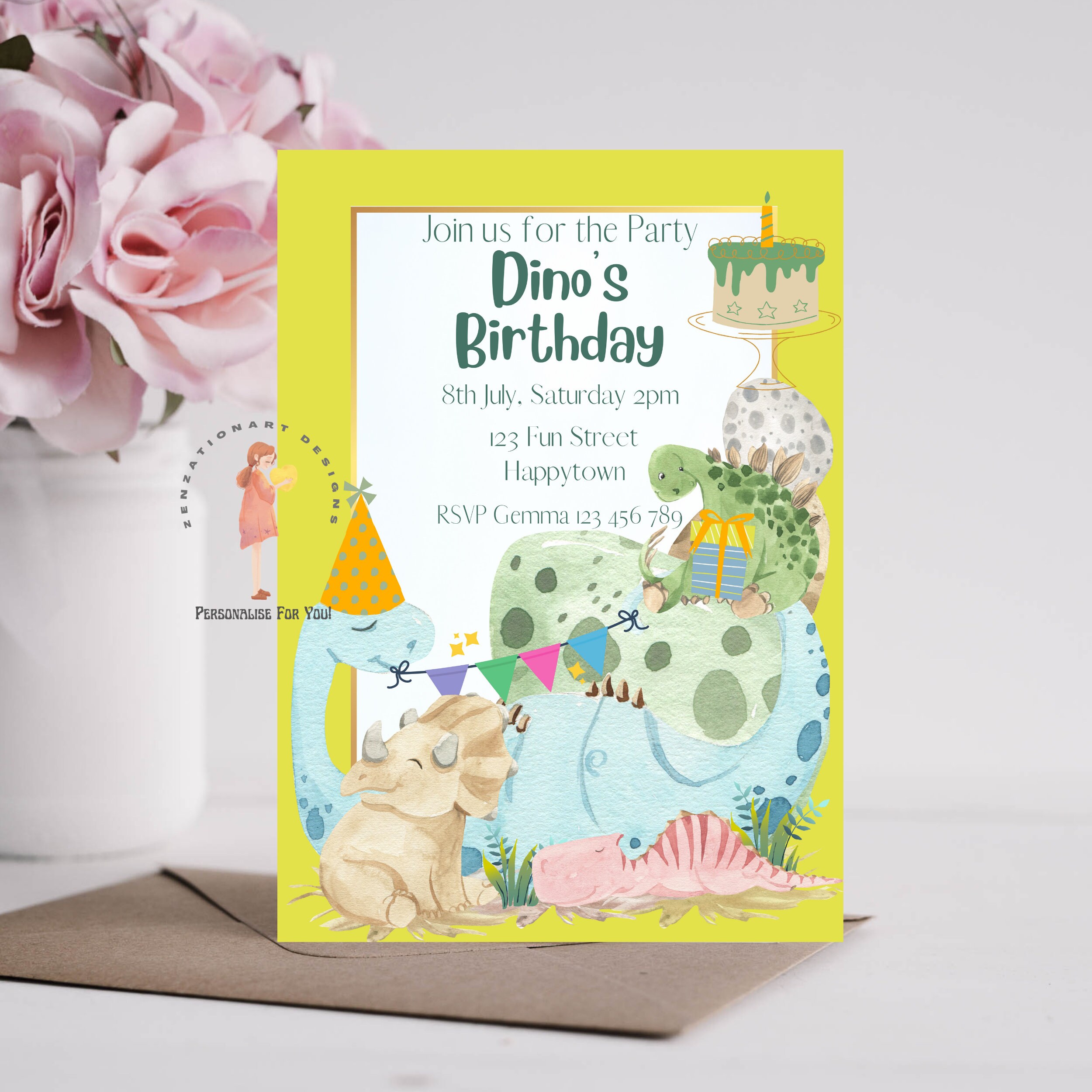 Dinosaur Birthday Invitation Dinosaur Cake Green Modern Birthday Party Invitation Invitation