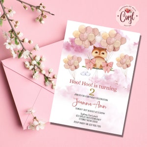 Owl Birthday Balloons Invitation Girls Pink Editable Any Age Printable ...