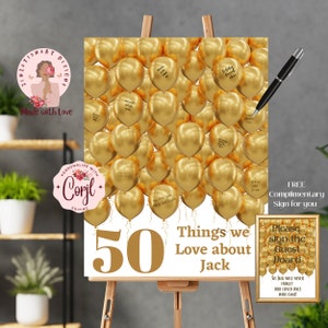 50 Things we Love About You Signing Board Gold 50th Birthday Sign Write In Message Anniversary Welcome Poster EDITABLE Digital Download