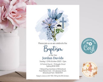 Editable Baptism Blue Flower Cross Invitations Modern Baptism Baby Christening Invitation Announcement Instant Digital Download Template