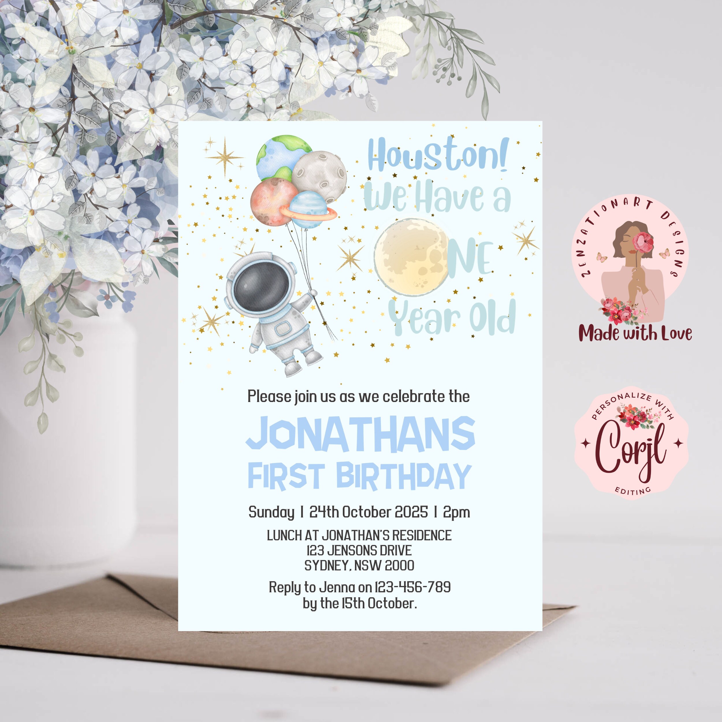Editable Boys Birthday Invitation One Year Old Space Birthday Party Invitation Galaxy First
