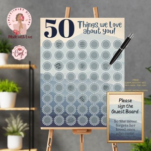50 Things we Love About You Signing Board Coastal 50th Birthday Sign Write In Message Guest Banner Poster Boho EDITABLE Digital Download