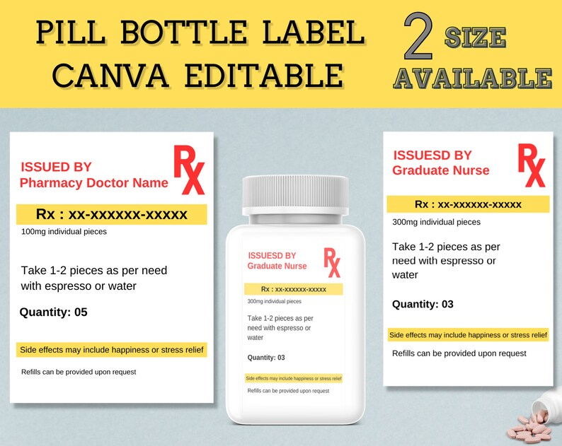 RX Pill Bottle Label Nurse Party Favors Editable Label Pill Labels