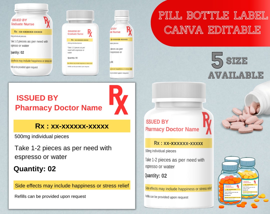 RX Pill Bottle Label 5 Size Pharmacy Labels Editable Label - Etsy