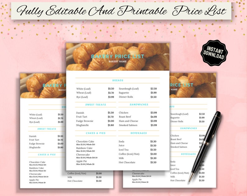 Bakery Shop Price List Template Editable Bakery Pricing Etsy